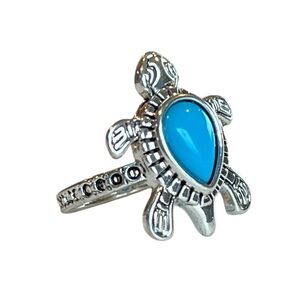 Silvertone Large Turtle & Faux Turquoise Beachy Boho Ring